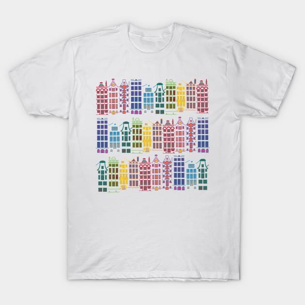 Facades of old canal houses from Amsterdam City rainbow color illustration T-Shirt by sinemfiit